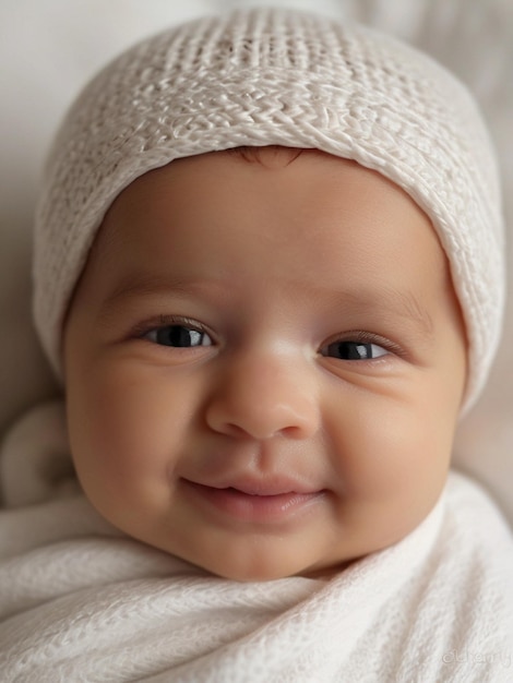 Foto una sonrisa serena de un bebé capturada en una cama blanca