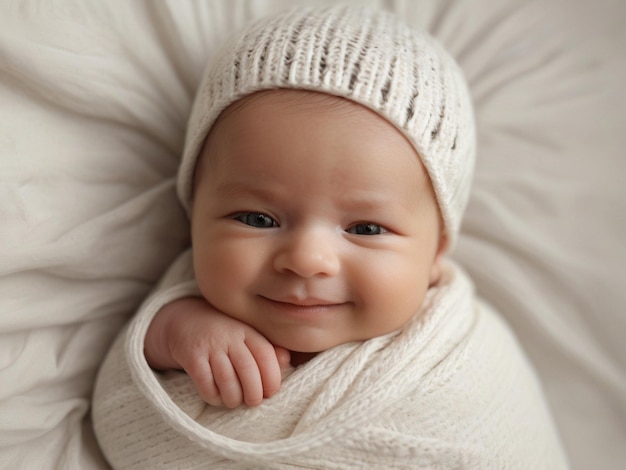 Foto una sonrisa serena de un bebé capturada en una cama blanca