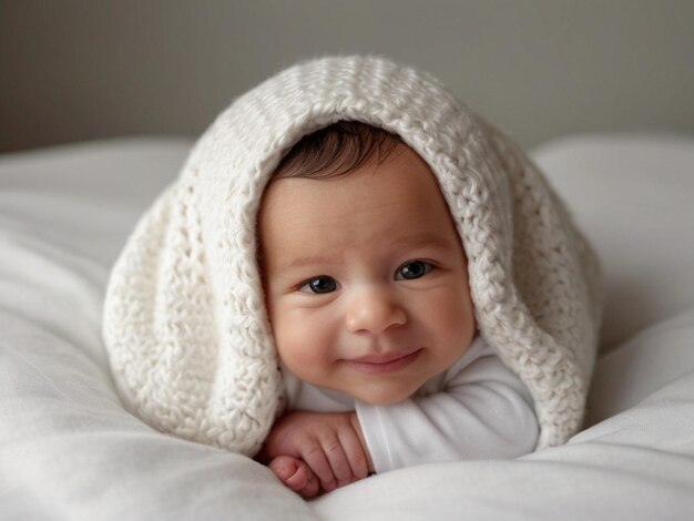 Una sonrisa serena de un bebé capturada en una cama blanca