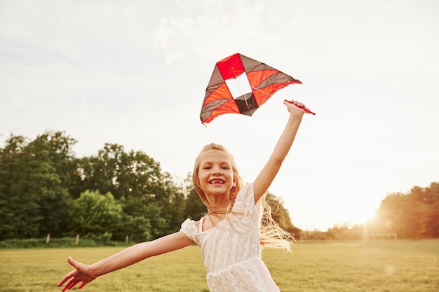 Sonrisa sincera. Niña feliz en ropa blanca divertirse con cometa en el campo. Hermosa naturaleza.