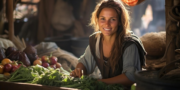 Foto con una sonrisa, la vendedora de verduras en el mercado comparte productos frescos, trayendo alegría a través de su amabilidad y cuidado por los clientes.