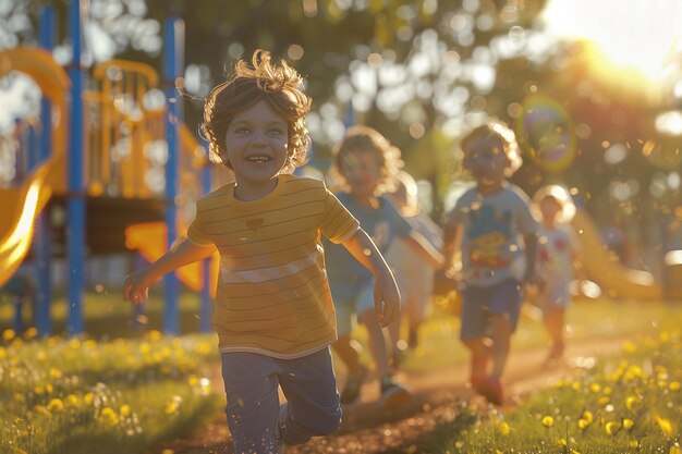 Foto las sonrisas radiantes de los niños que juegan en los parques
