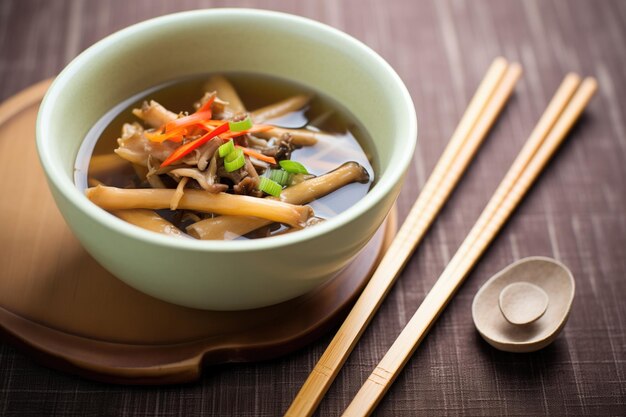 Sopa agridulce con setas de madera y bambú