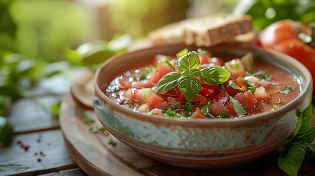 Sopa de albahaca de tomate fresco en un cuenco de cerámica