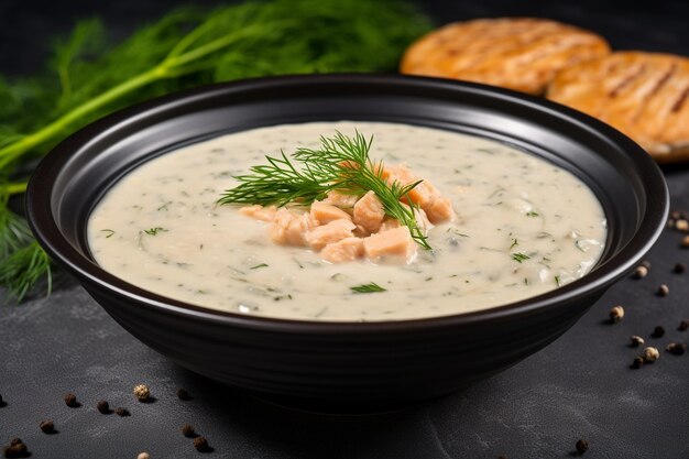 Sopa de almejas en un plato gris