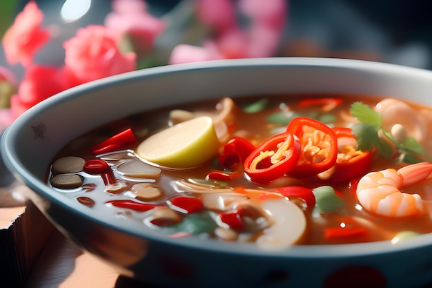 Foto sopa aromática de tom yum com camarão e limão