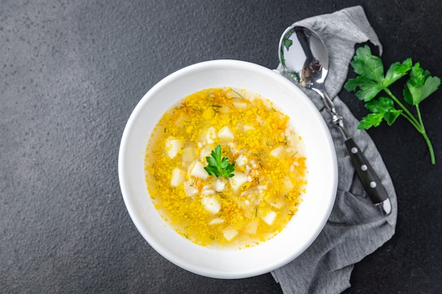 sopa de arroz comida vegetal bocadillo en la mesa espacio de copia fondo de comida dieta rústica veggie vegano