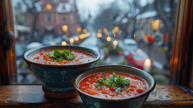 Sopa de borscht saludable servida en elegantes cuencos de porcelana con un vistazo al interior de una iglesia a la luz de las velas visible a través de la ventana en el fondo generada por IA