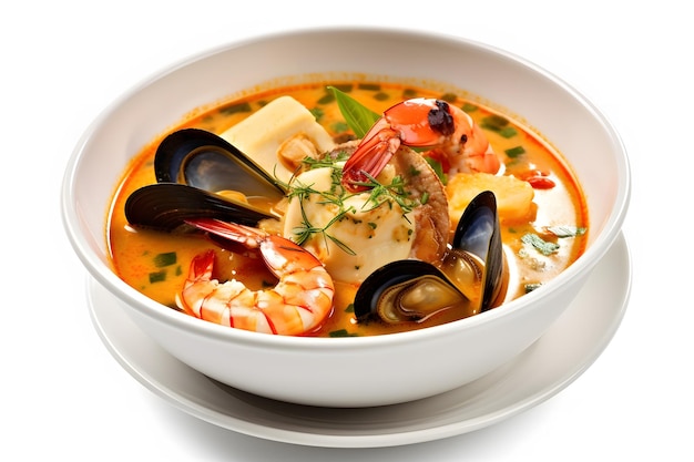 Sopa Bouillabaisse com uma mistura de frutos do mar perfumados e salgados Generative AI