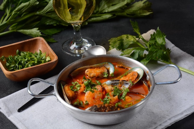 Sopa bouillabaisse de frutos do mar francesa / caldeirada de peixe