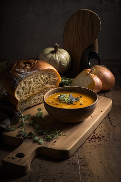 Sopa de calabaza y baguette sobre tabla de madera Ilustración AI generativo