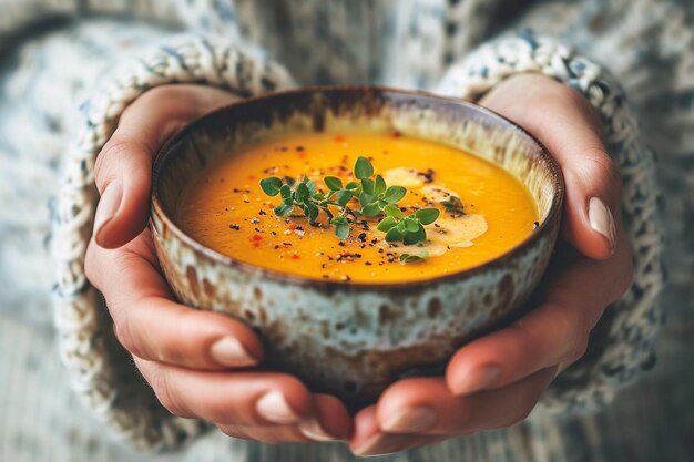 Sopa de calabaza casera caliente en manos con IA generada