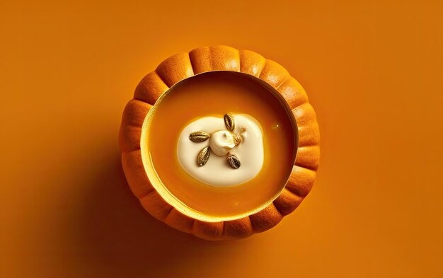 Sopa de calabaza con crema dentro de la calabaza cortada en un ángulo de vista superior de fondo aislado