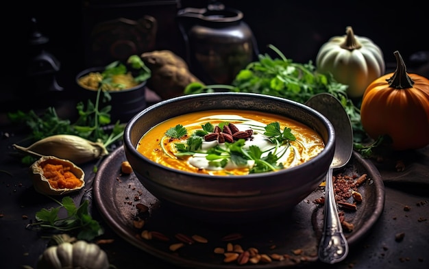 Sopa de calabaza con crema y semillas dentro de un cuenco en una vista superior de la perspectiva de la mesa