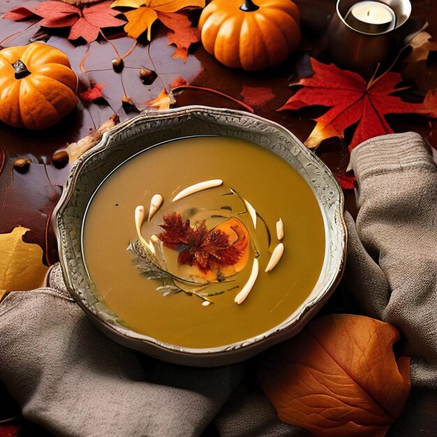 Foto sopa de calabaza con hojas