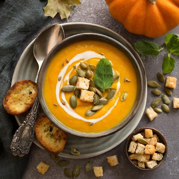 Foto sopa de calabaza con pan en el cuenco