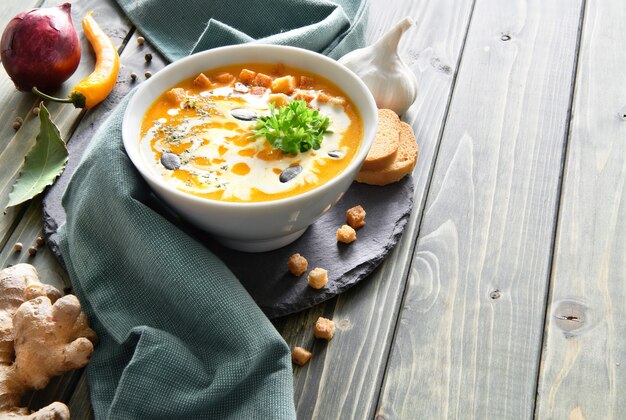 Sopa de calabaza picante con chile y ajo, espacio