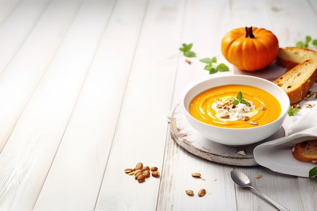 sopa de calabaza en un tazón blanco