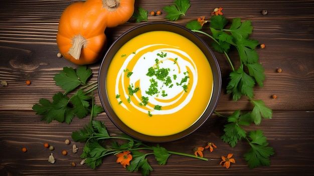 Sopa de calabaza y zanahoria con crema y perejil