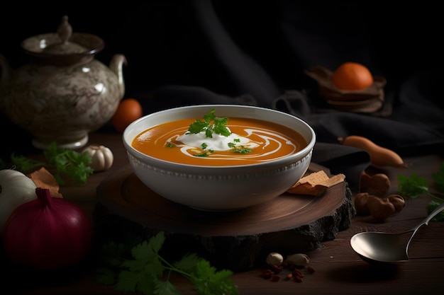 Sopa de calabaza y zanahoria con nata generativa ai