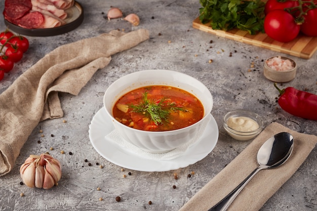 Sopa caliente con carne y verduras