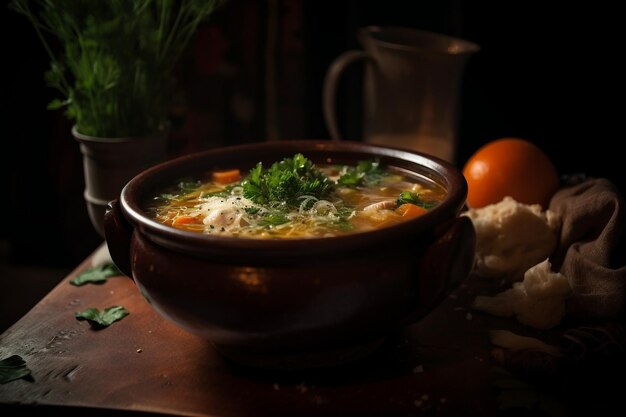 Sopa caliente de verduras frescas coloridas de otoño ai generativo en una olla