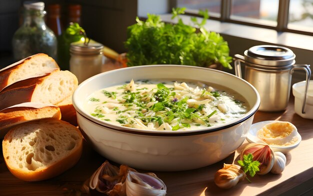 Foto sopa casera de almejas cremosa llena de almechas gordas patatas fuertes y hierbas aromáticas sopa