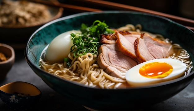 Sopa casera de ramen con algas de cerdo y huevo generada por IA