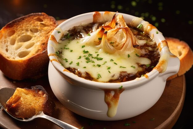 Sopa de cebolla francesa en un tazón blanco con pan