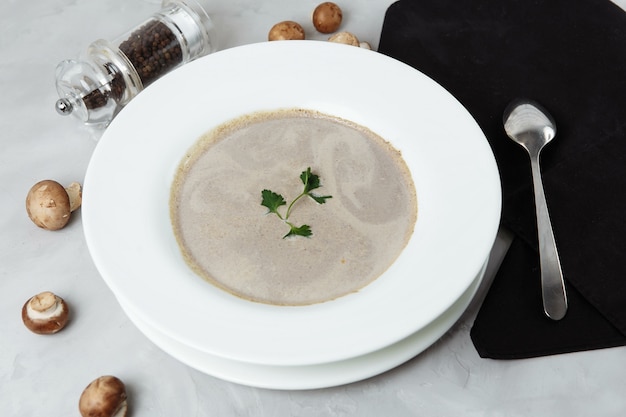 Sopa de champiñones con perejil en espacio gris, de cerca.