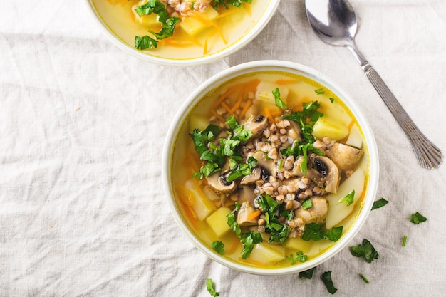 Sopa de champiñones, trigo sarraceno, patatas y zanahorias con hierbas en cuencos, fondo claro, formato horizontal. Espacio para texto