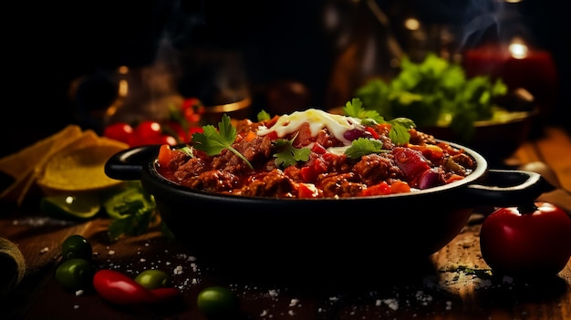 Foto sopa de chile con carne en un fondo oscuro comida mexicana concepto de comida saludable