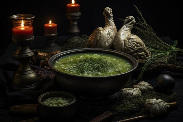 Foto sopa clara com frango com escotilha verde com alho