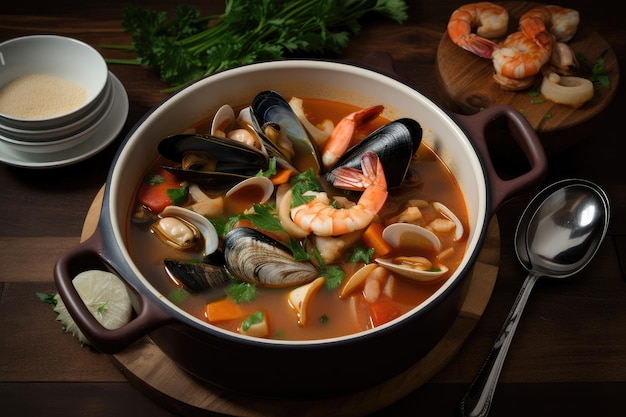 Sopa clássica de frutos do mar com mexilhões, amêijoas e camarão