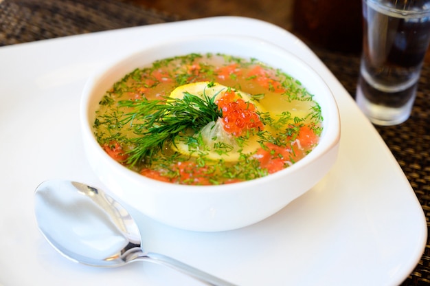 Sopa com esturjão e verduras em um prato