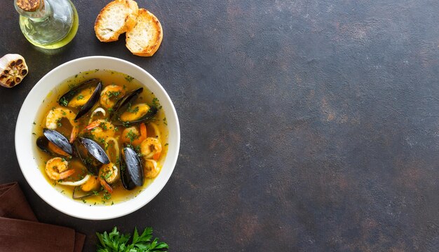 Foto sopa com mexilhões camarões e lulas alimentação saudável frutos do mar