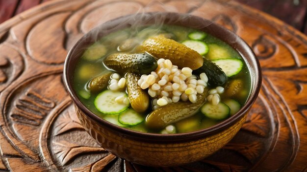 Sopa com pepinos em conserva e cevada de pérola rassolnik em um fundo de madeira