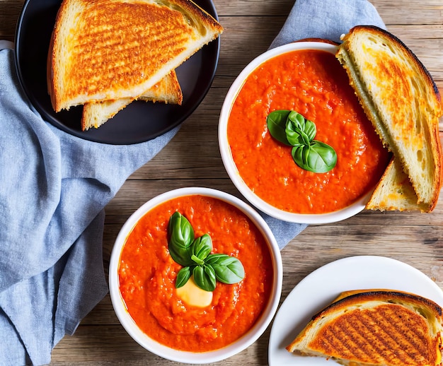 Sopa de crema de calabaza con picatostes y perejil en la vista superior de fondo gris