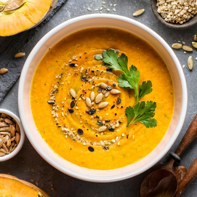 Sopa de crema de calabaza con semillas y perejil en la mesa de la cocina