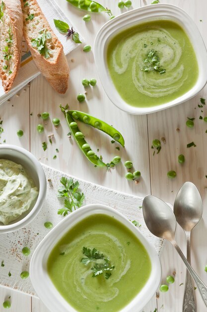 Sopa crema de guisantes frescos con salsa picante y pan blanco seco.