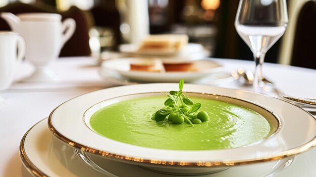 Sopa de crema de guisantes en un restaurante campo inglés cocina exquisita menú arte culinario comida y buena comida