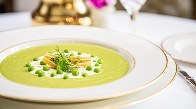 Sopa de crema de guisantes en un restaurante campo inglés cocina exquisita menú arte culinario comida y experiencia gastronómica