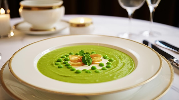 Sopa de crema de guisantes en un restaurante campo inglés cocina exquisita menú arte culinario comida y experiencia gastronómica