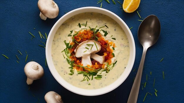 Sopa de crema de setas comida vegana menú dietético vista superior en latitud plana