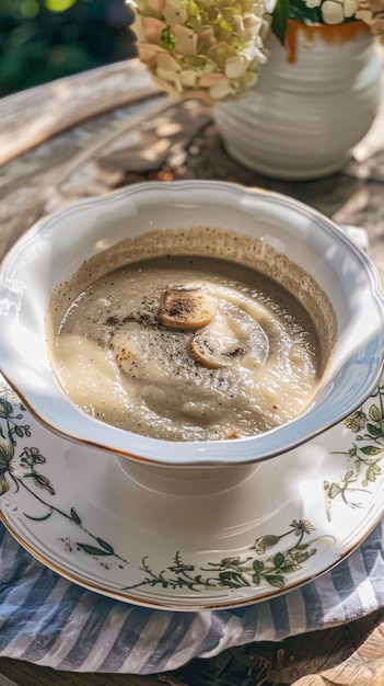 Sopa de crema de setas servida en una mesa en el jardín