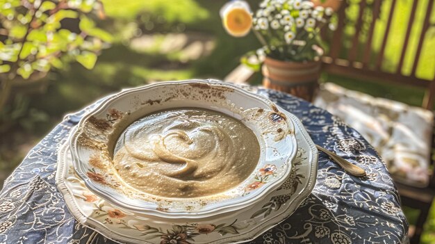 Sopa de crema de setas servida en una mesa en el jardín