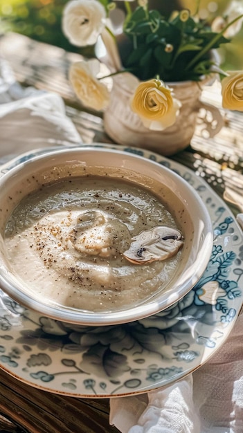 Sopa de crema de setas servida en una mesa en el jardín