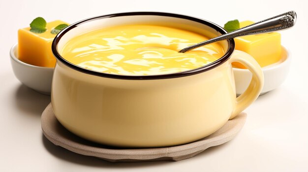 sopa de crema sopa de color amarillo sobre fondo blanco