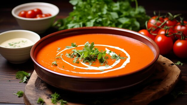 sopa de crema de tomate con tomates frescos y hierbas