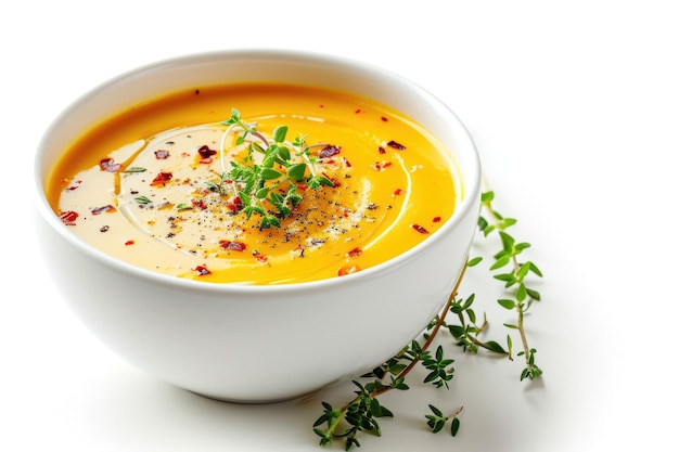 sopa de crema de verduras decorada con hojuelas de chile y tomillo aislado sobre fondo blanco